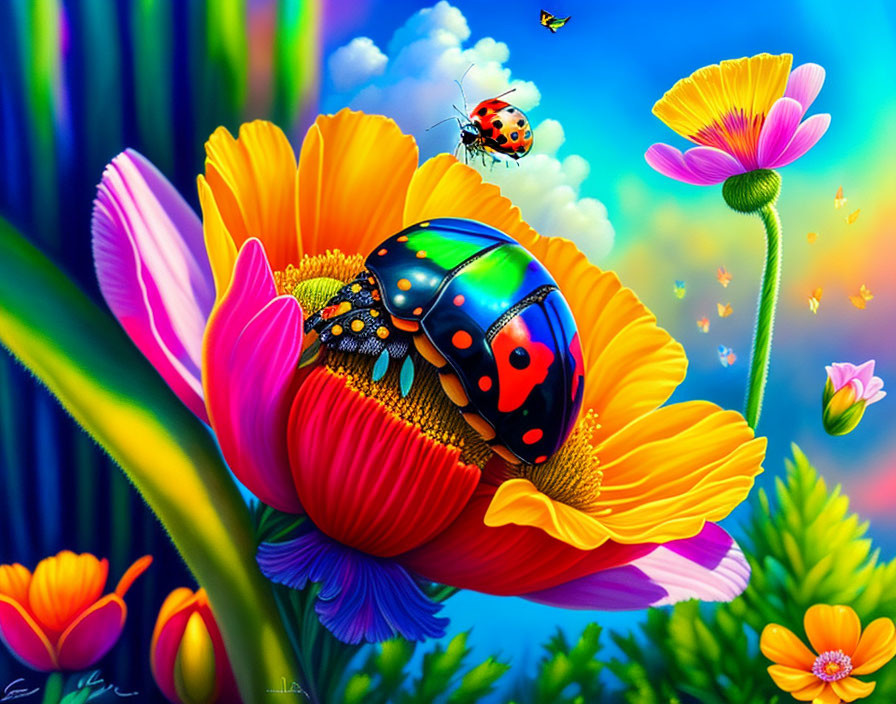 Colorful flowers and large ladybugs in vibrant digital art