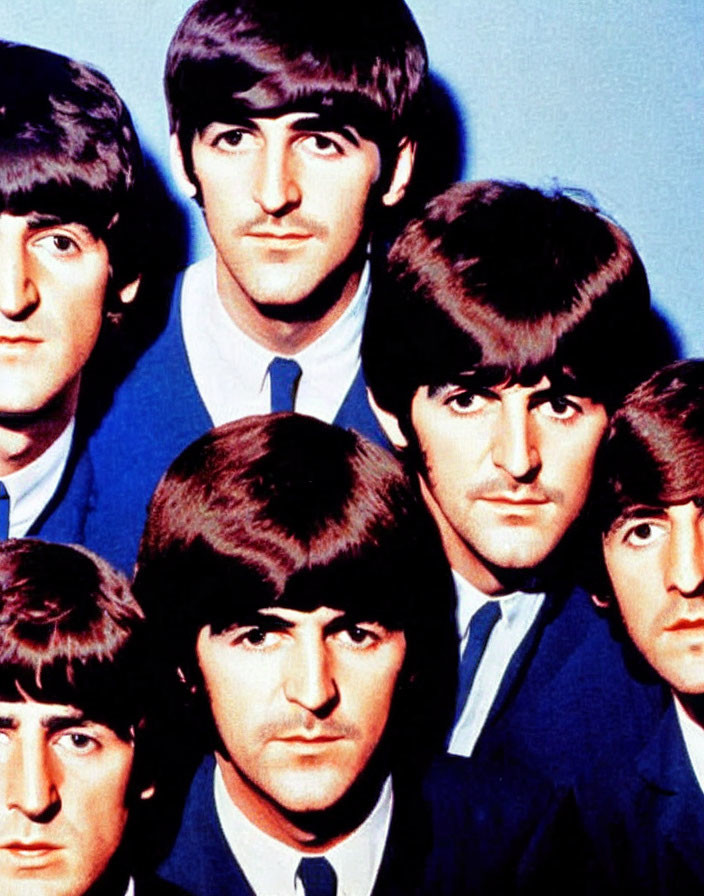 Four Men Layered in Blue Suits with Bowl Haircuts