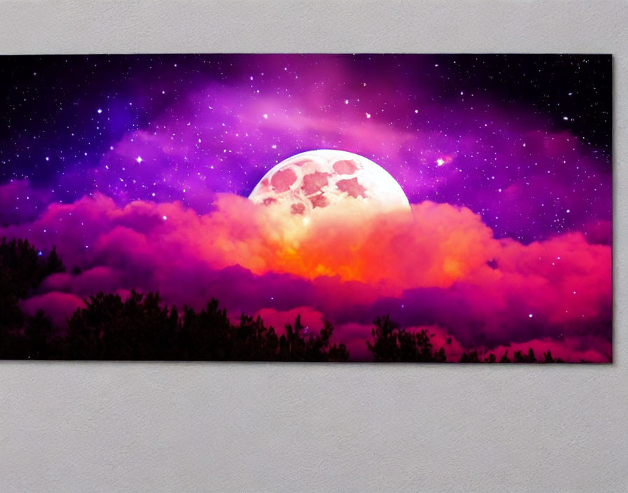 Colorful Moon Rising Above Pink and Purple Clouds in Modern Room