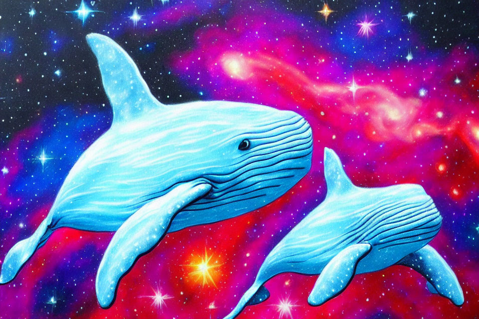 Illustrated blue whales in cosmic space with stars and nebulae