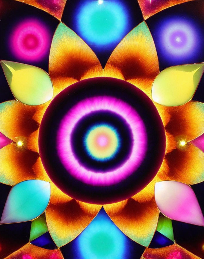 Colorful Symmetrical Kaleidoscopic Pattern with Purple Ring and Radiant Petals