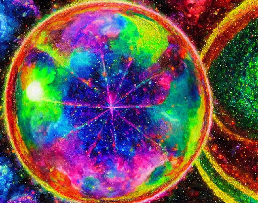 Colorful sphere with star-like pattern in vibrant, psychedelic cosmic scene