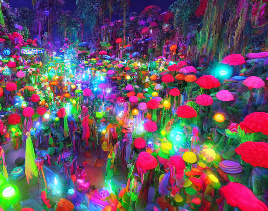 Vibrant garden with neon lights and glowing mushrooms at night