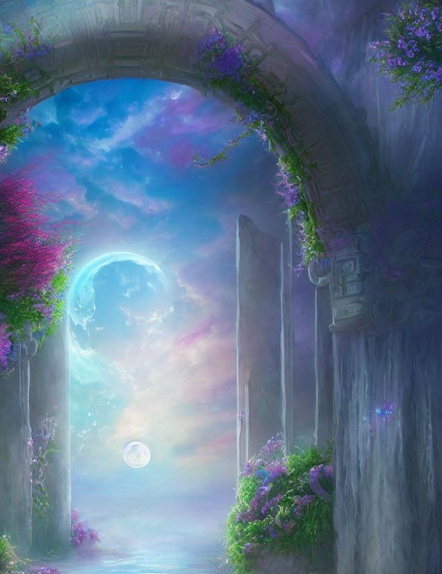 Purple Flower Archway Frames Surreal Moonlit Landscape