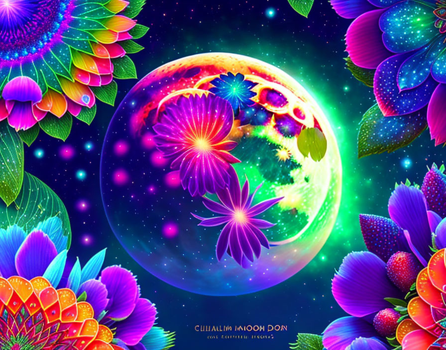 Fluorescent moon with floral patterns in starry space.