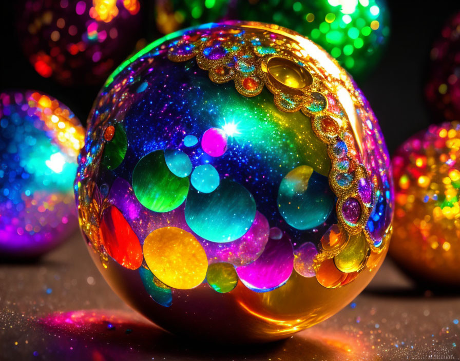 Vibrant glass sphere with starry background and colorful bokeh lights