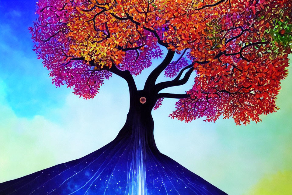 Colorful Tree Painting with Starry Night Landscape and Gradient Sky