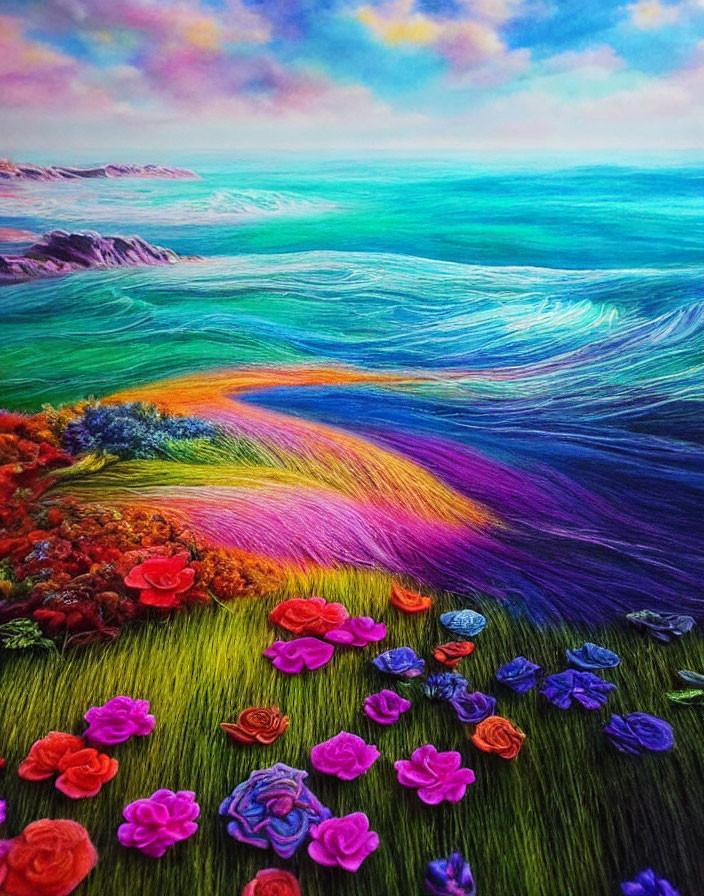 Colorful Seaside Landscape with Vibrant Wave Patterns and Rainbow Sky