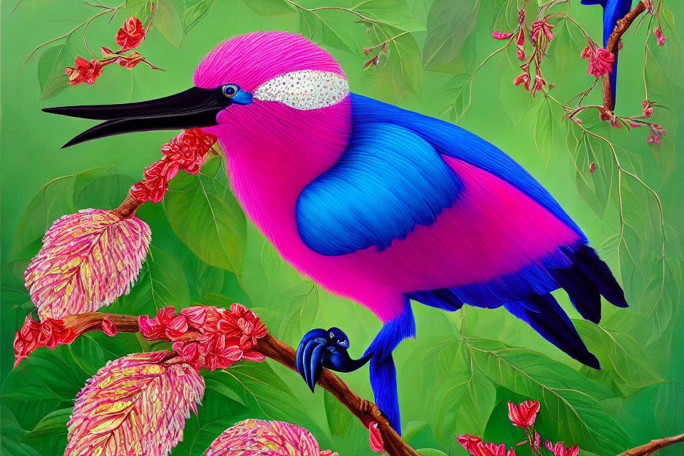 Colorful Bird Illustration Perched on Branch Among Flowers