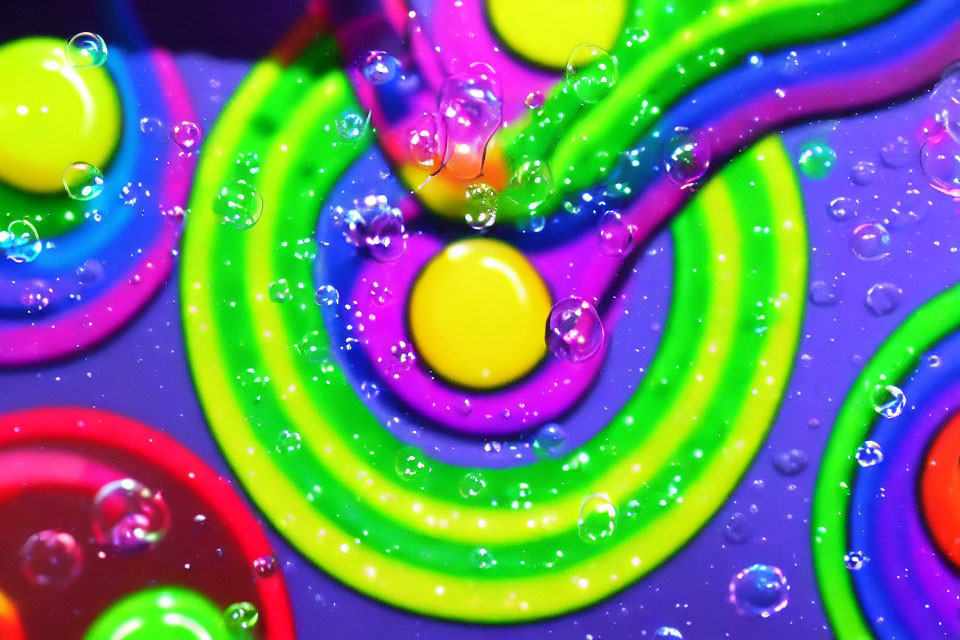 Colorful concentric circles with water droplets on vibrant surface