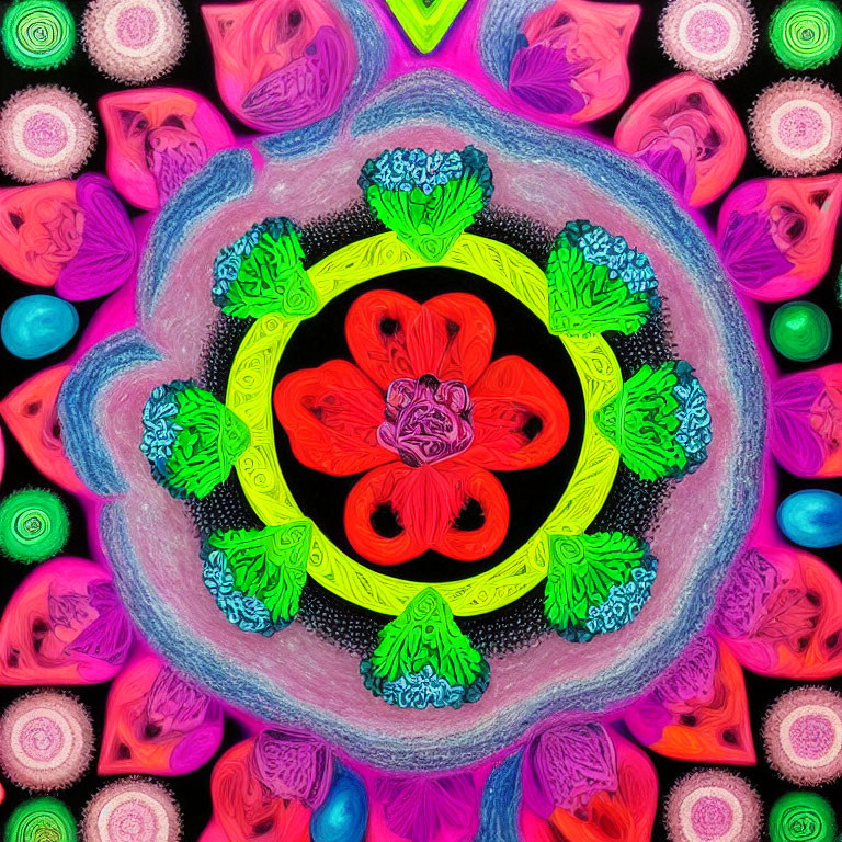 Symmetrical Floral and Geometric Digital Art in Vibrant Pink, Green, and Blue