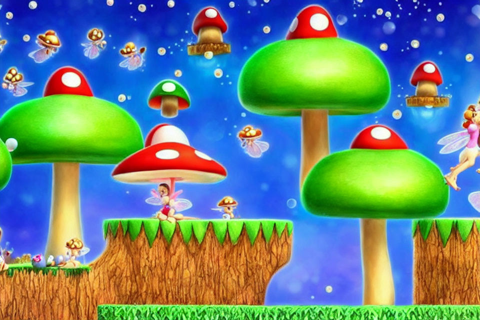 Colorful Mushroom Landscape with Flying Characters in Bright Sky