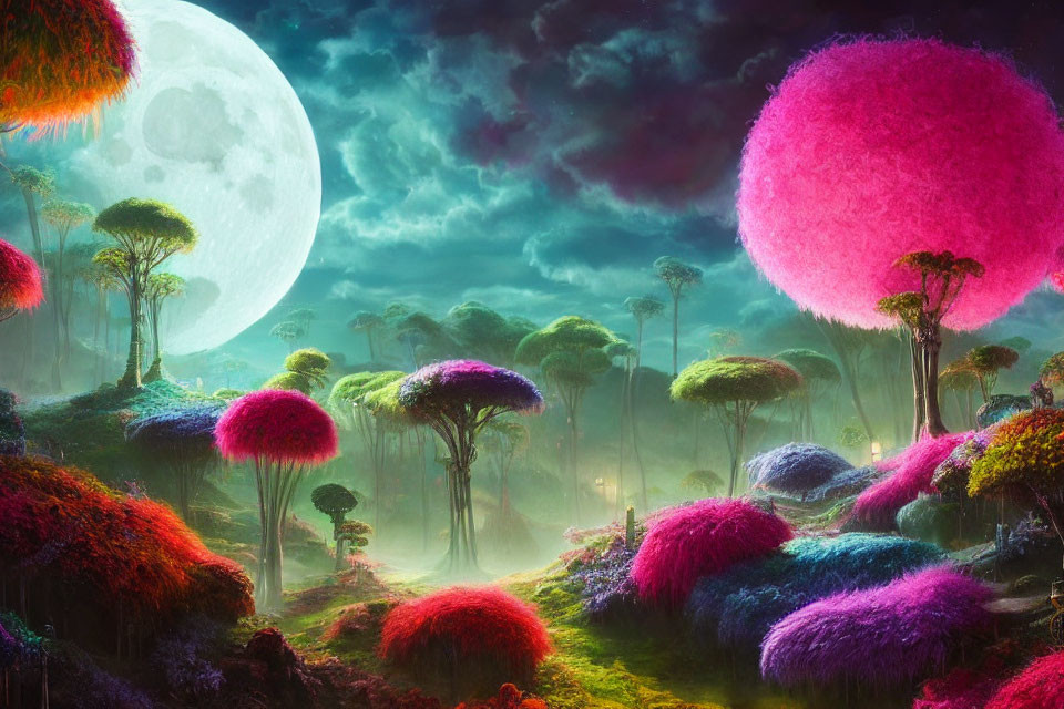 Luminescent trees and colorful foliage in a fantasy landscape