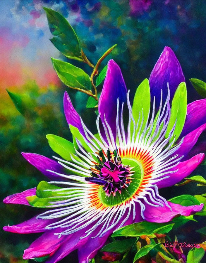 Colorful Passion Flower Painting with Purple Petals and Multicolored Center