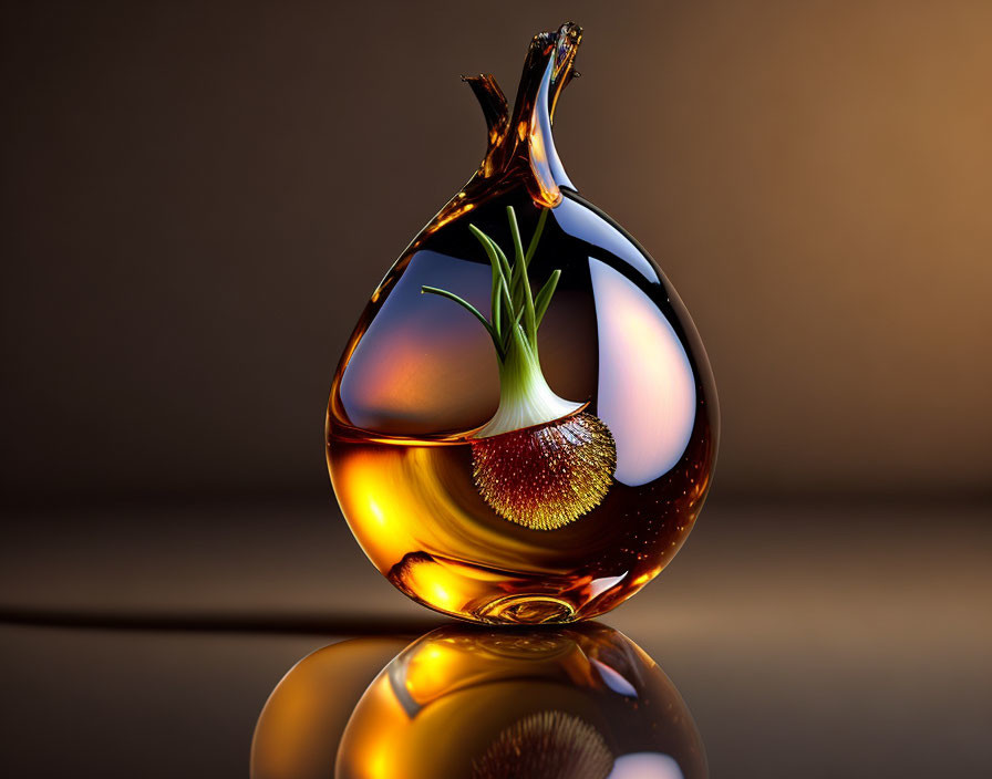 Amber Glass Teardrop Sculpture with Onion Plant Encased