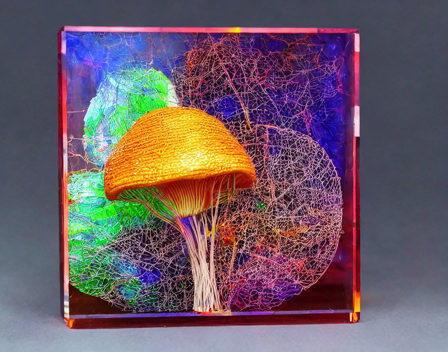 Resin block with lifelike orange mushroom and intricate root details on colorful fiber background