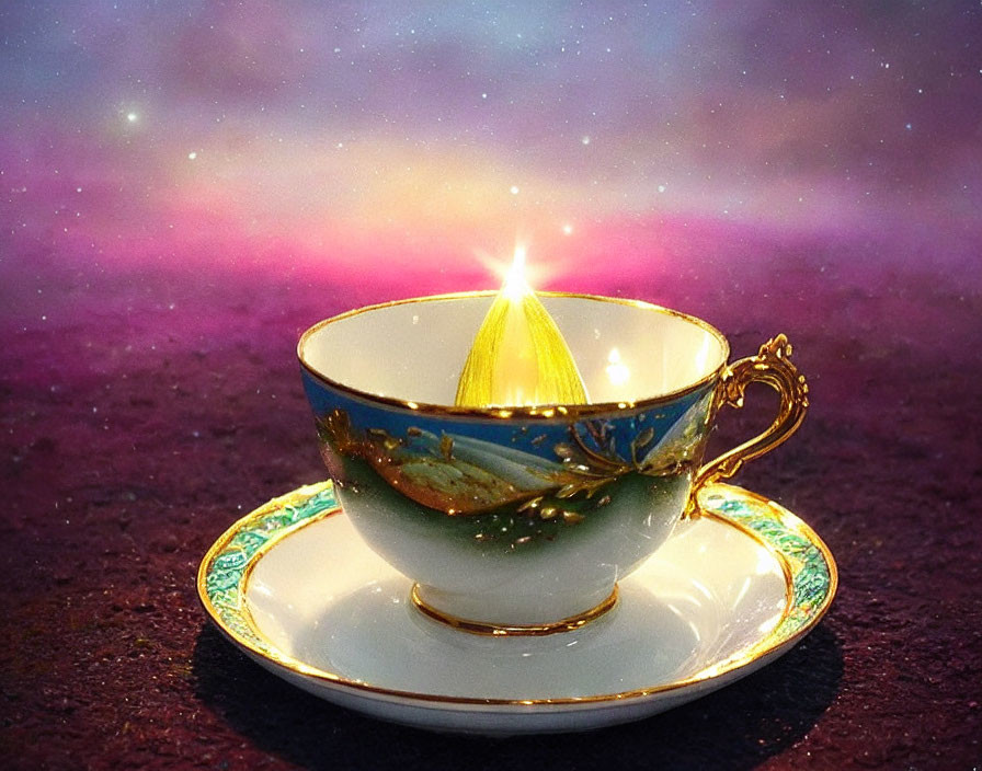 Golden Cup and Saucer with Magical Lemon Light on Cosmic Background