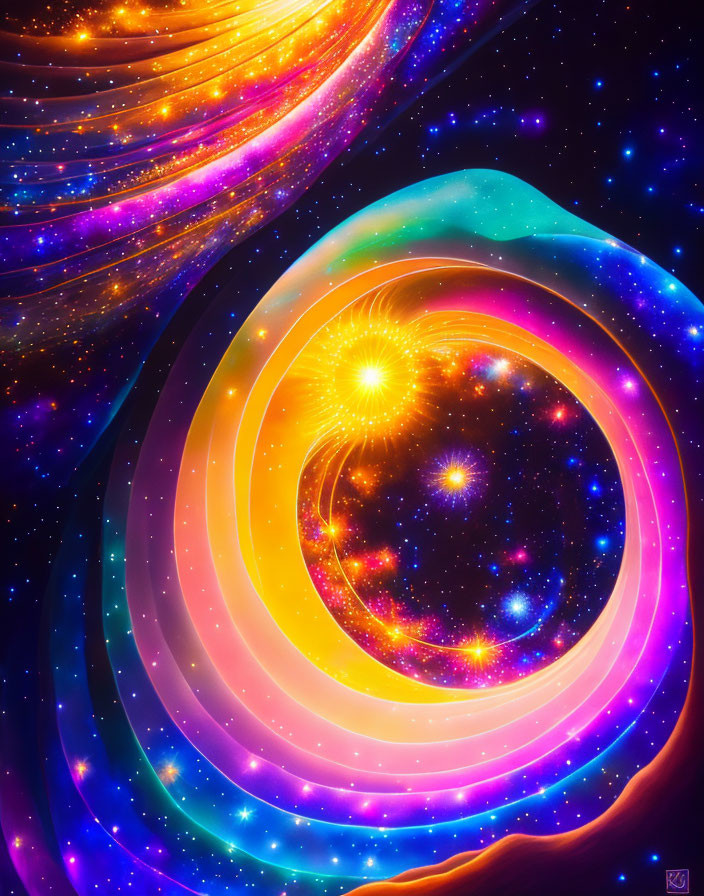 Colorful Spiral Galaxy Illustration with Bright Stars and Luminous Center