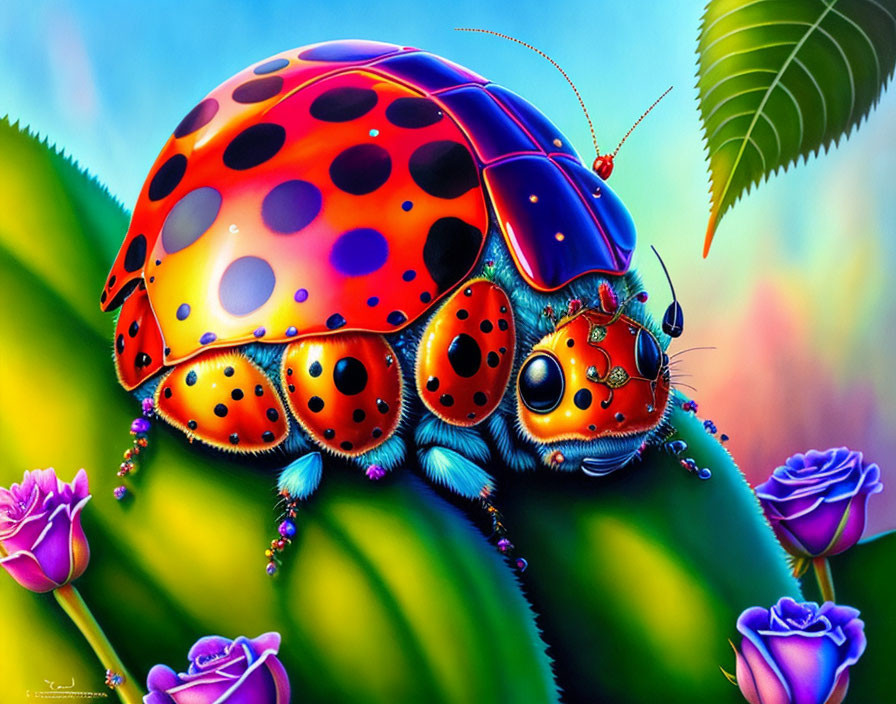 Detailed Ladybug Illustration Among Green Leaves and Purple Flowers