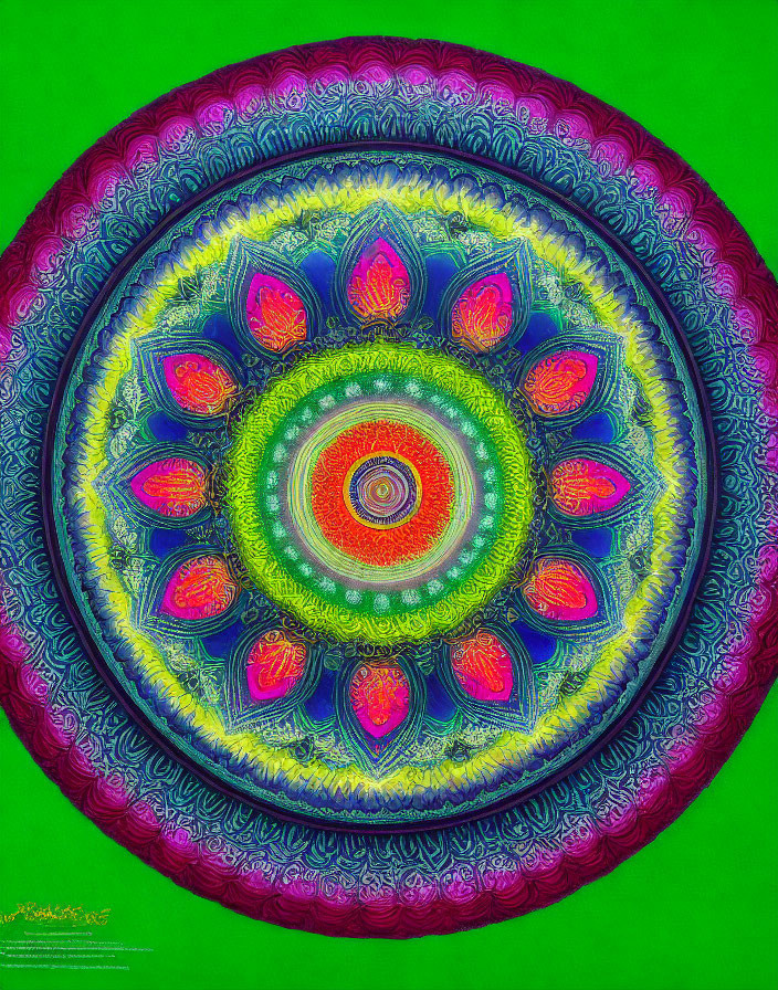 Colorful Mandala Design with Intricate Patterns on Lime Green Background