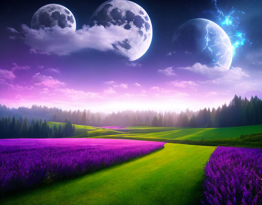 Vibrant purple fantasy landscape with two moons and twilight forest