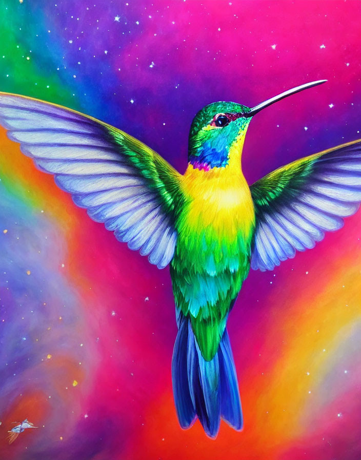 Colorful painting of hummingbird in cosmic backdrop with pink, purple, and blue hues