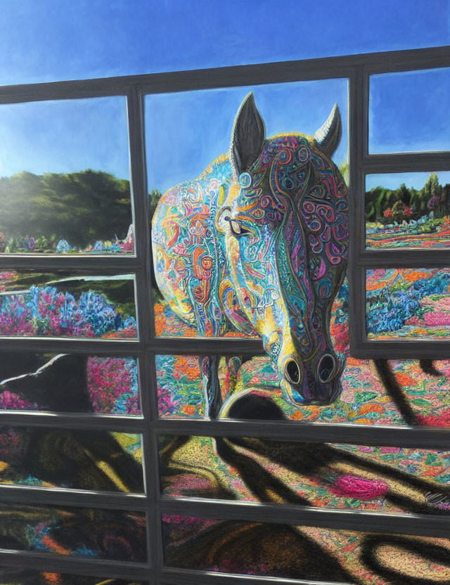 Colorful Horse Artwork with Window Frame View of Flower Field