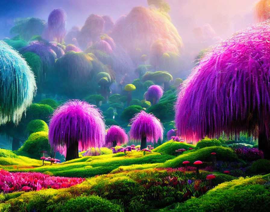 Colorful Fantasy Landscape with Whimsical Flora and Vibrant Trees