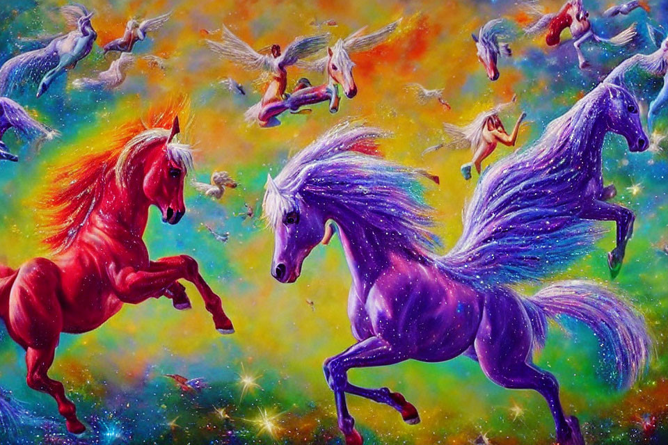 Colorful Artwork: Mythical Horses and Flying Figures in Cosmic Setting