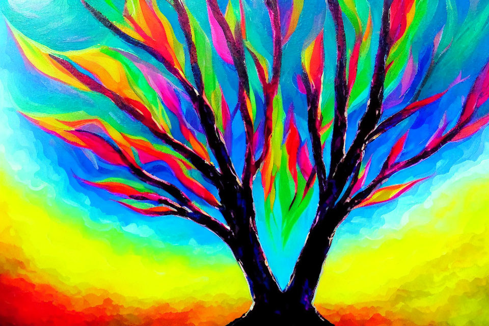 Colorful Abstract Tree Painting with Rainbow Leaves on Yellow and Blue Background