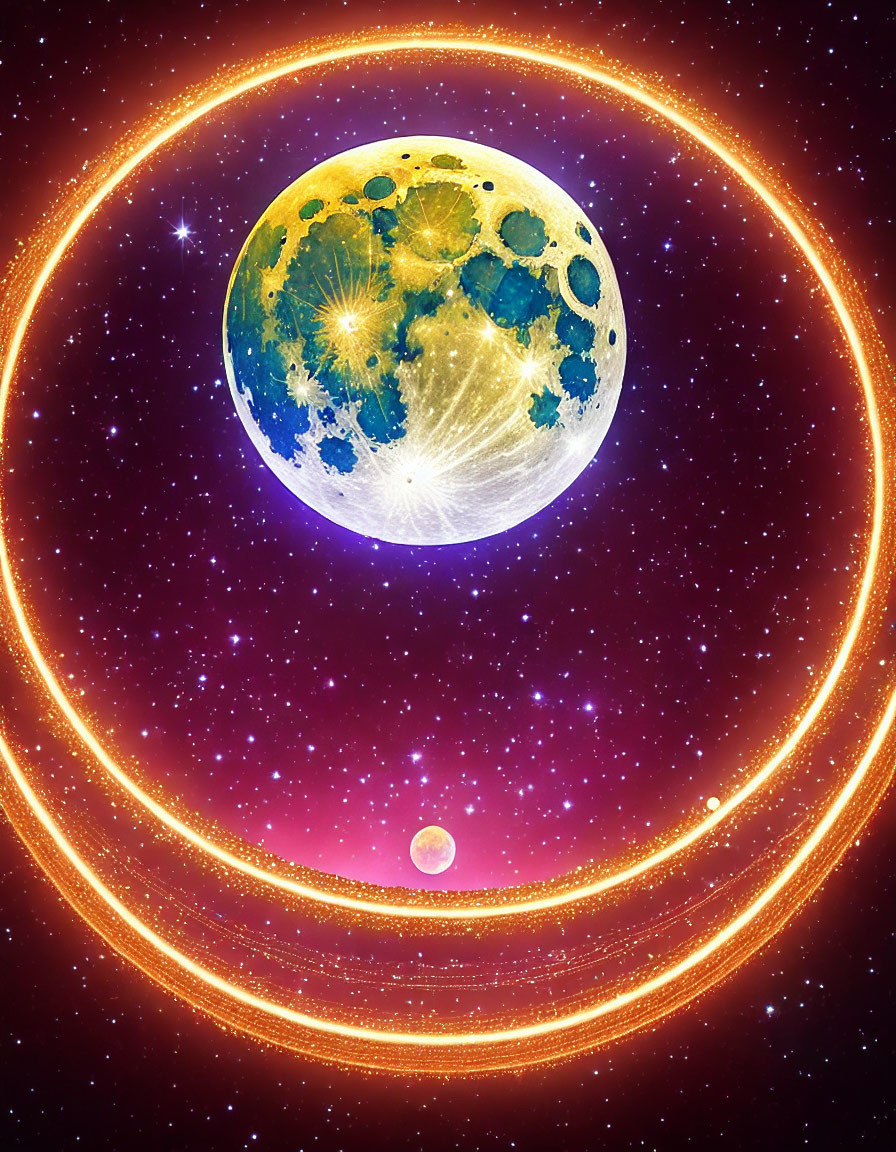 Colorful moon in starry space with golden rings