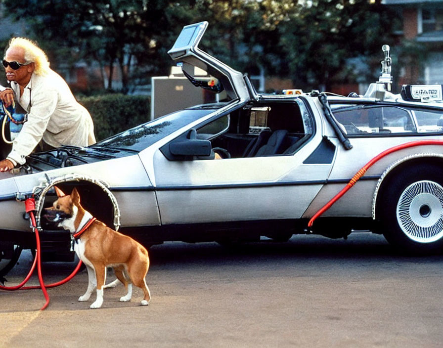 White-haired man fuels futuristic DeLorean car with small dog watching