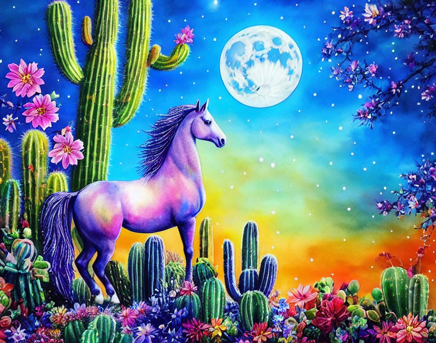 Colorful Horse Painting in Desert with Cacti and Full Moon