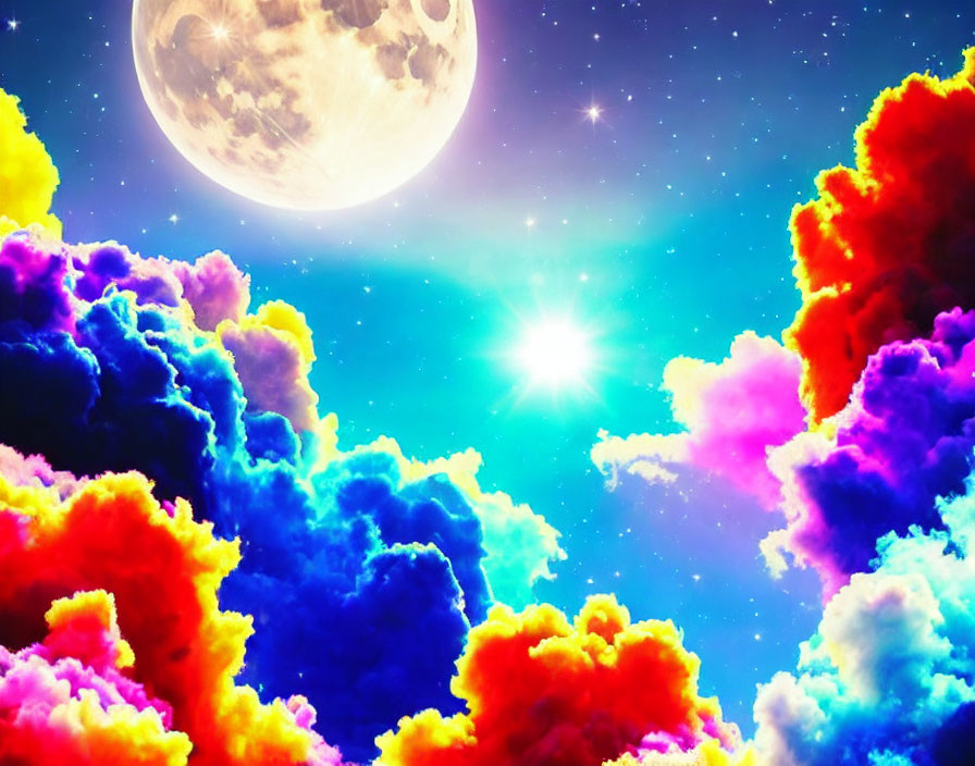 Colorful celestial digital art: star, moon, & nebula clouds