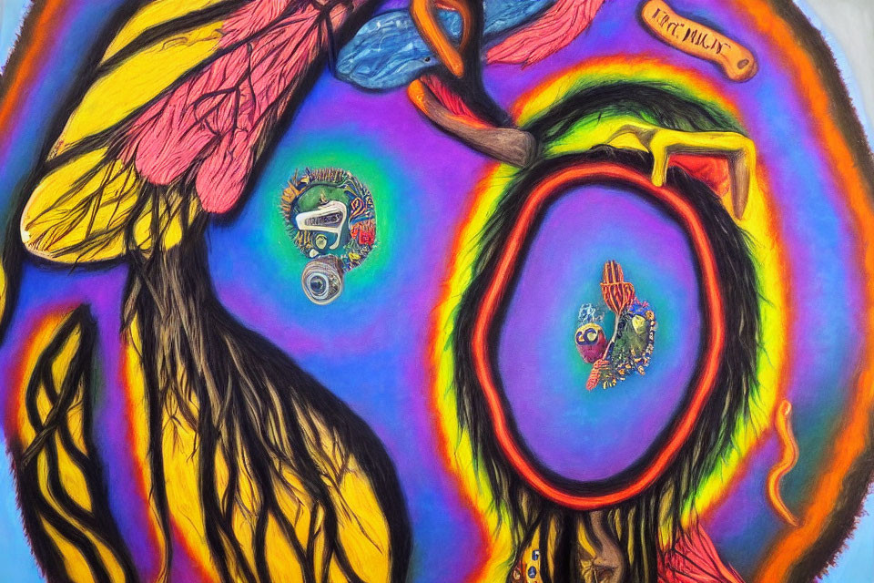 Colorful Psychedelic Artwork with Apple, Fish, Hand, and Text Bubbles