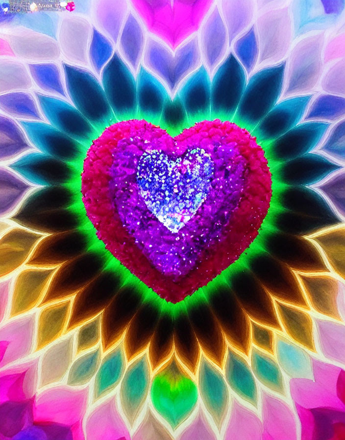 Colorful Psychedelic Heart Image with Sparkling Textures and Symmetrical Patterns