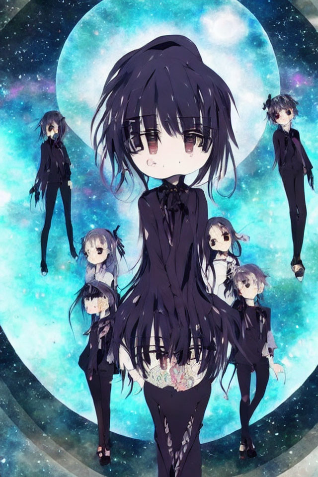 Anime-style image with character in black outfit and cosmic backdrop