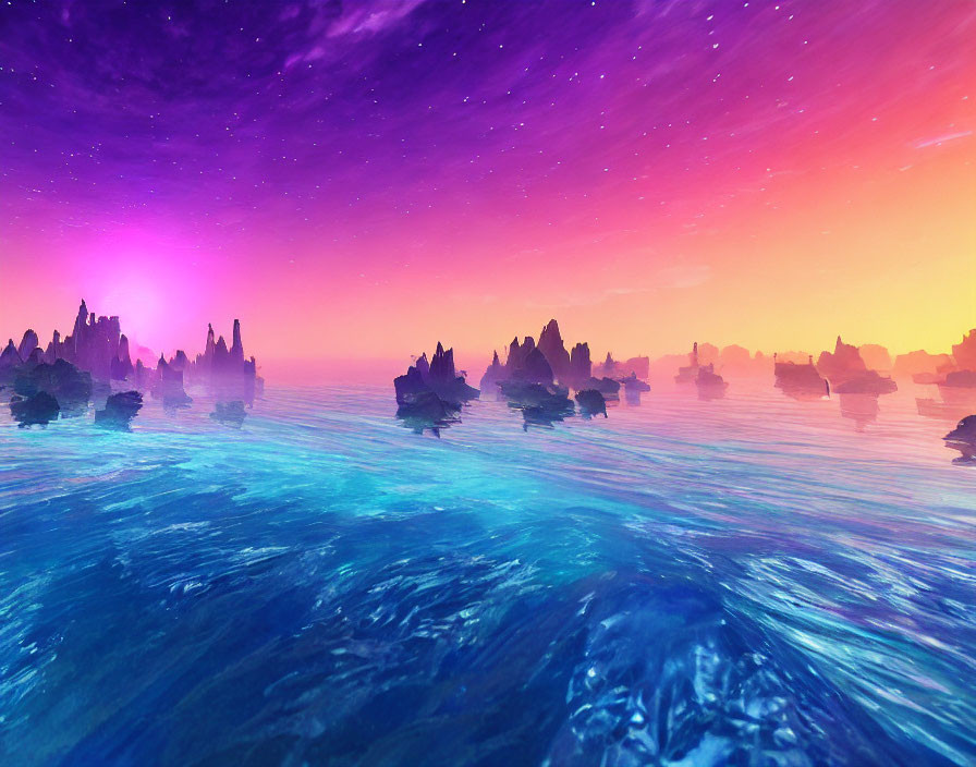 Vivid digital seascape with purple and pink sky hues reflecting on choppy ocean waters