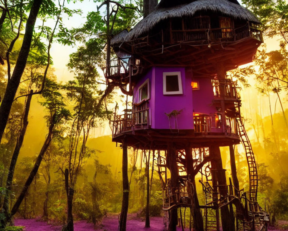 Purple Thatched Roof Treehouse in Misty Forest with Rustic Ladder