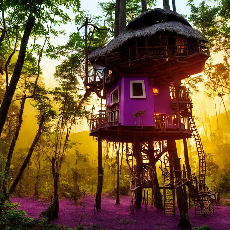 Purple Thatched Roof Treehouse in Misty Forest with Rustic Ladder