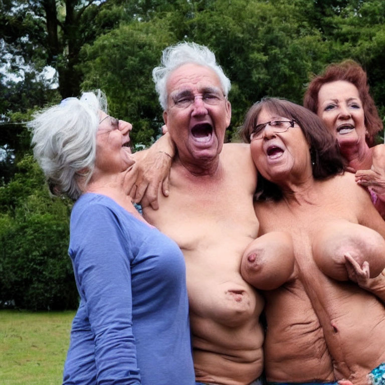 Elderly group enjoying outdoor fun and laughter