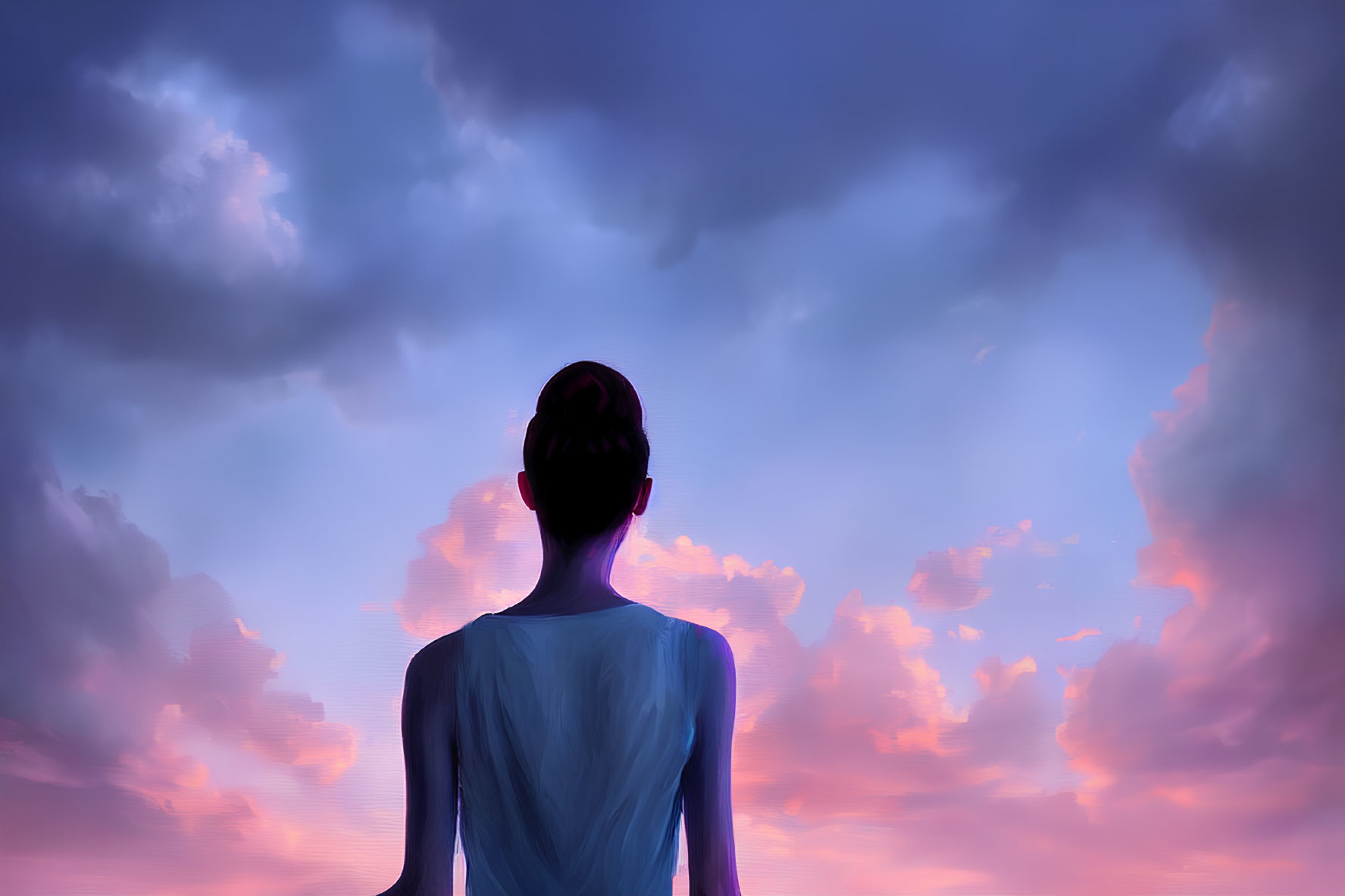 Person admiring pink and blue sky with fluffy clouds