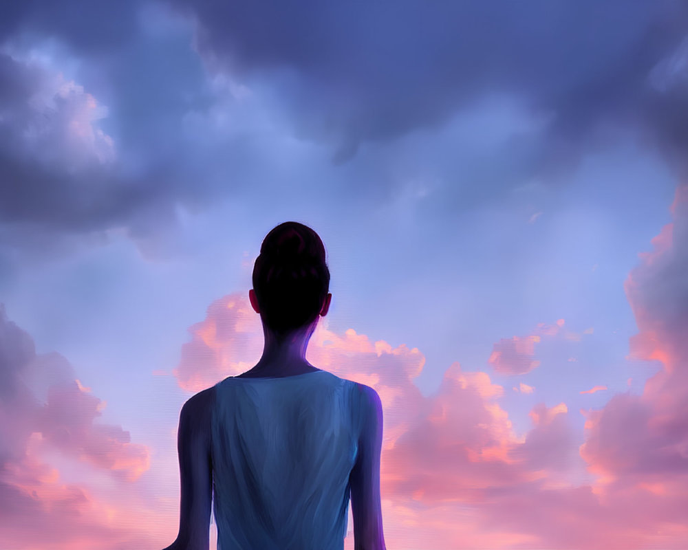 Person admiring pink and blue sky with fluffy clouds