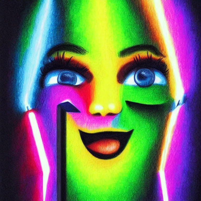 Vibrant neon-lit artwork of stylized face with exaggerated features