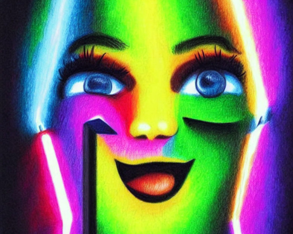 Vibrant neon-lit artwork of stylized face with exaggerated features