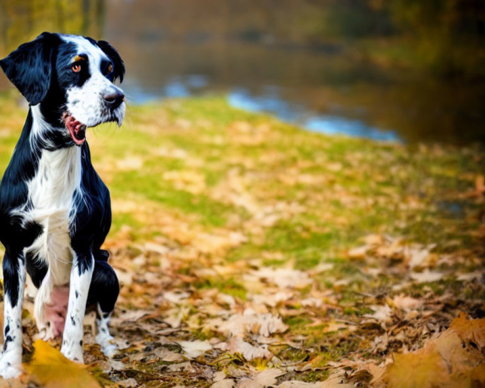 Spotted black and white dog on autumn leaves by river