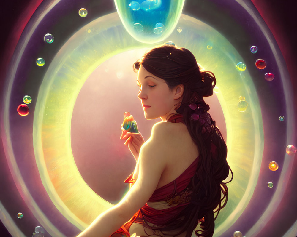 Woman with braided hairstyle in red dress surrounded by glowing bubbles and magical ring with symbol.