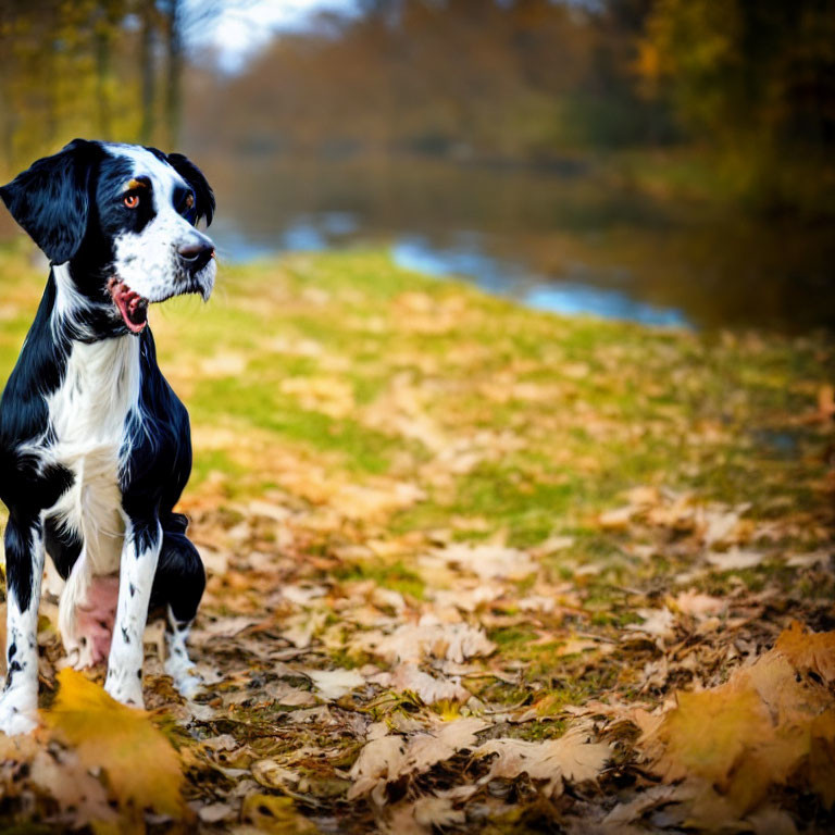 Spotted black and white dog on autumn leaves by river