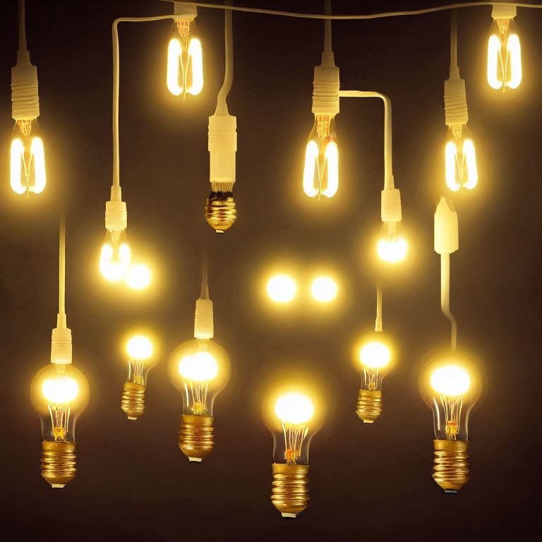 Multiple Glowing Incandescent Light Bulbs at Varying Heights