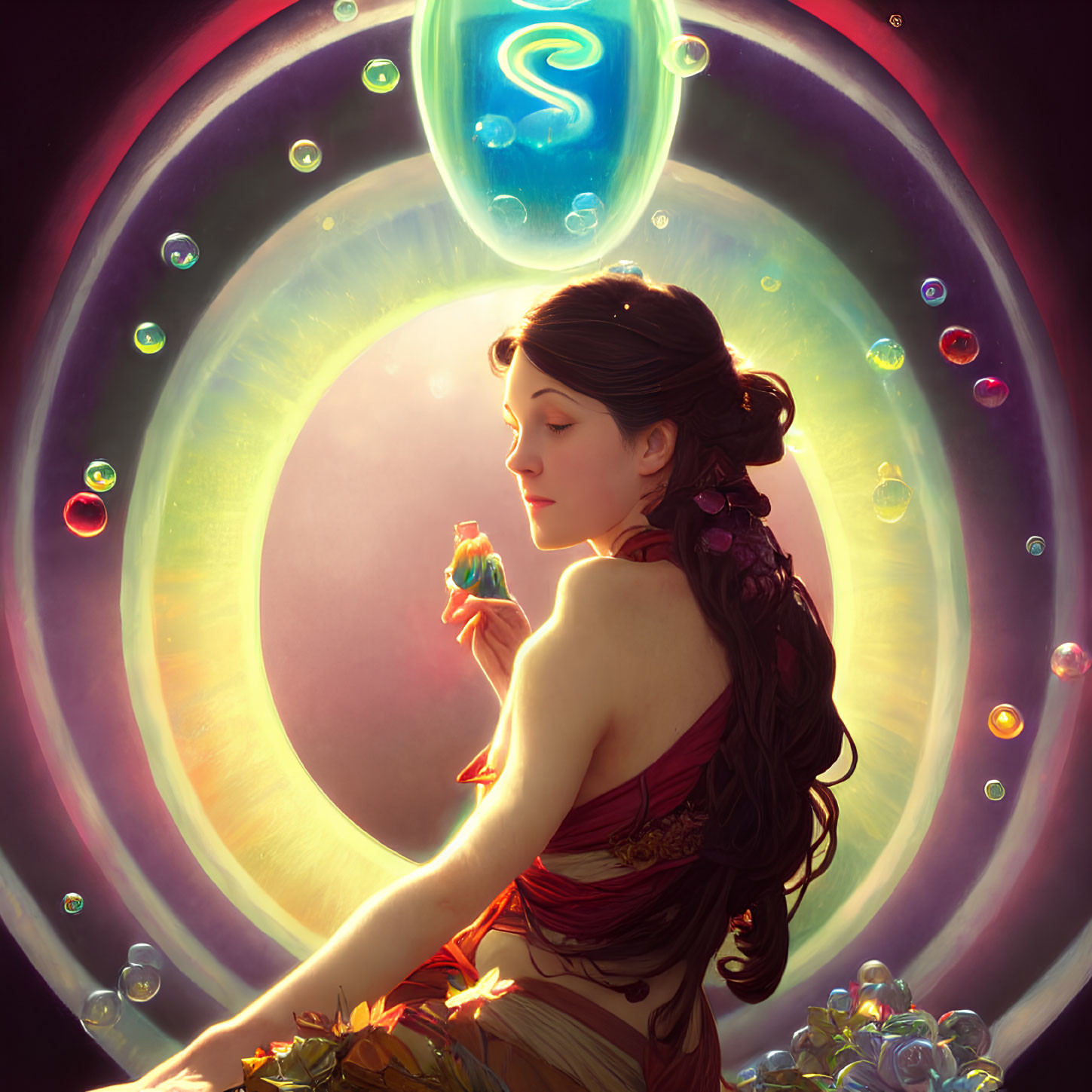 Woman with braided hairstyle in red dress surrounded by glowing bubbles and magical ring with symbol.